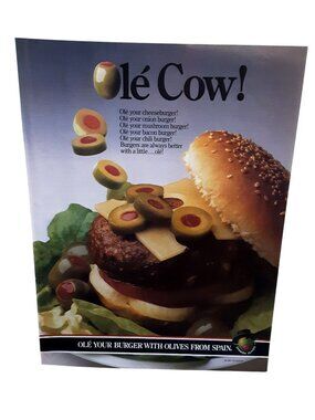 1985 Spanish Olives Burger Vintage Print Ad Olé Cow Food Advertising